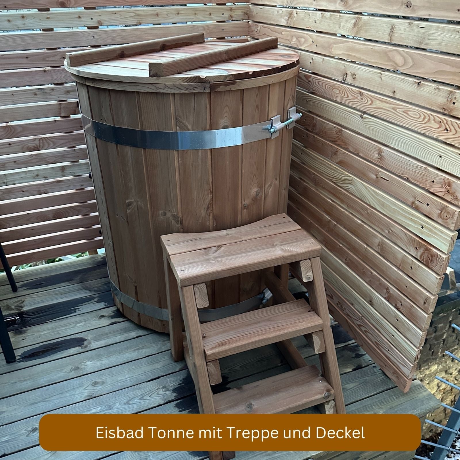 Eisbad Tonne PURE mit Edelstahl-Einsatz, mit Treppe und Deckel