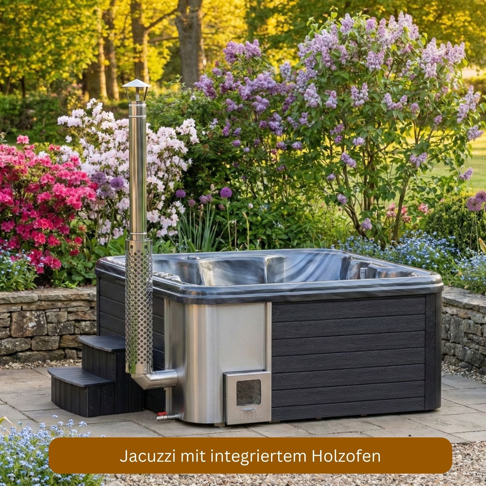 quadratischer Jacuzzi mit integriertem Holzofen